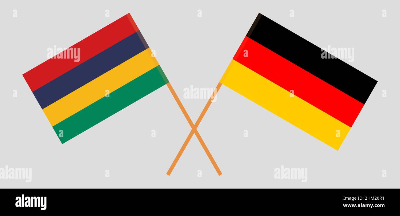 Crossed and waving flags of Mauritius and Germany. Vector illustration Stock Vector