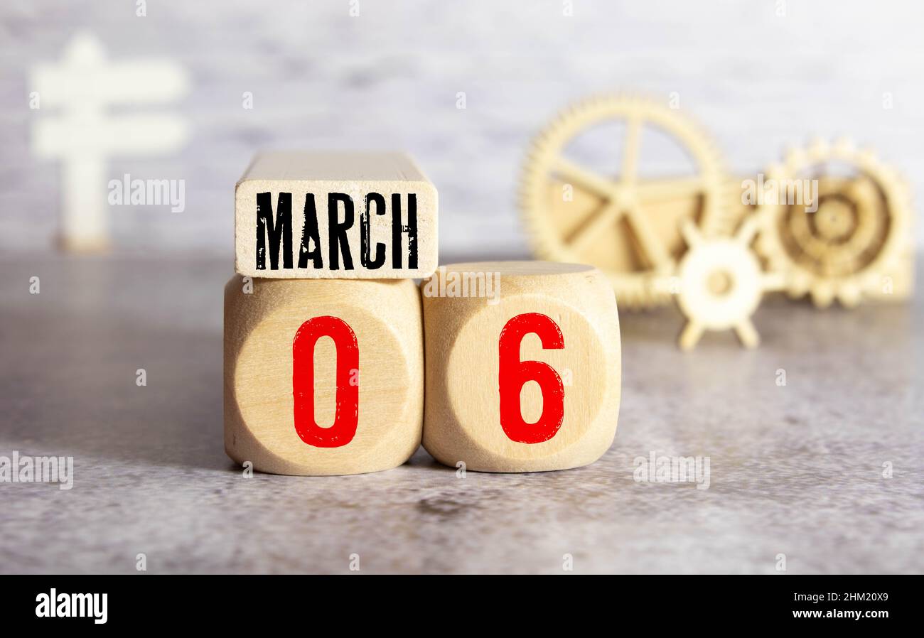 March 6th, Sixth of March, Day 6 of month March - vintage wooden calendar  blocks on maroon background with empty space for text Stock Photo - Alamy