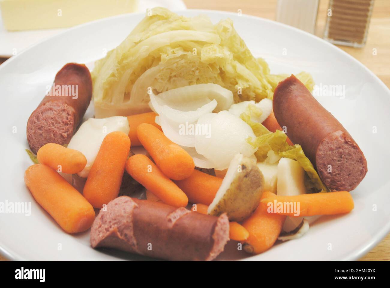 Delicious Boiled Dinner with Kielbasa Stock Photo