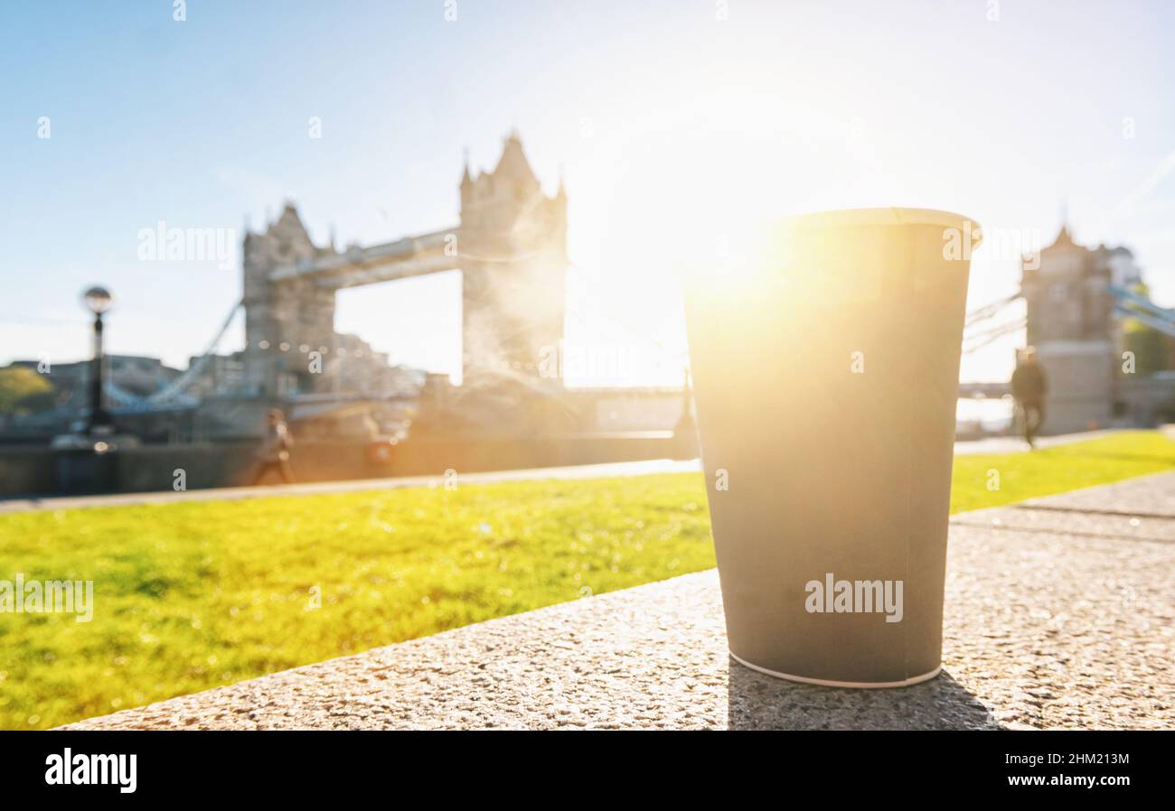 Coffee to go near the Tower Bridge in London, uk, Lifestyle concept. Stock Photo