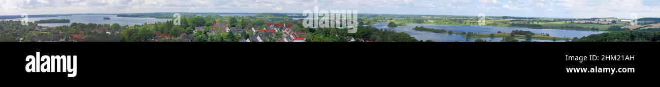 Panorama View from The Parnass Tower To The Lake Of Ploen Germany On A Beautiful Sunny Summer Day With A Blue Sky And A Few Clouds Stock Photo