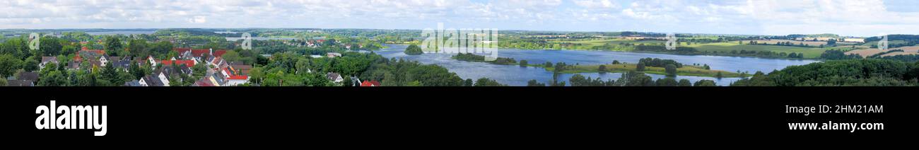 Panorama View from The Parnass Tower To The Lake Of Ploen Germany On A Beautiful Sunny Summer Day With A Blue Sky And A Few Clouds Stock Photo