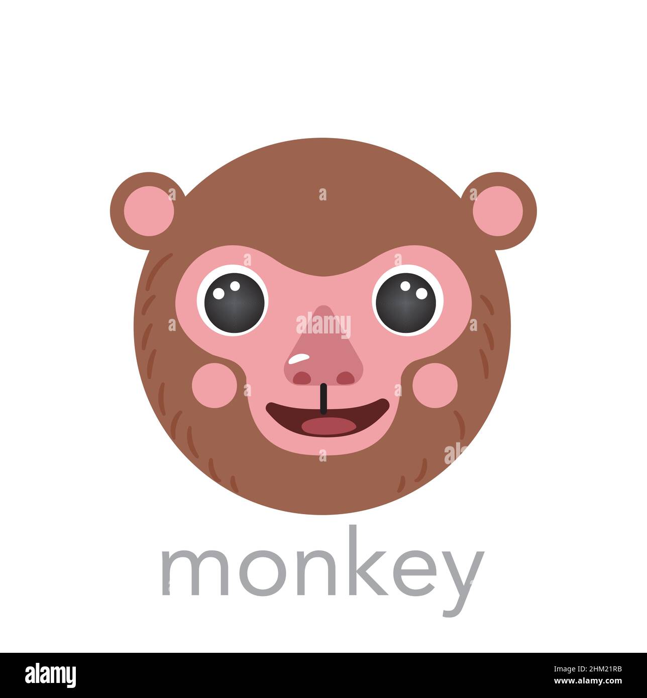 Monkey Cute portrait with name text smile head cartoon round shape animal face, isolated vector icon illustrations on white background. Flat simple hand drawn for kids poster, cards, t-shirts, baby Stock Vector