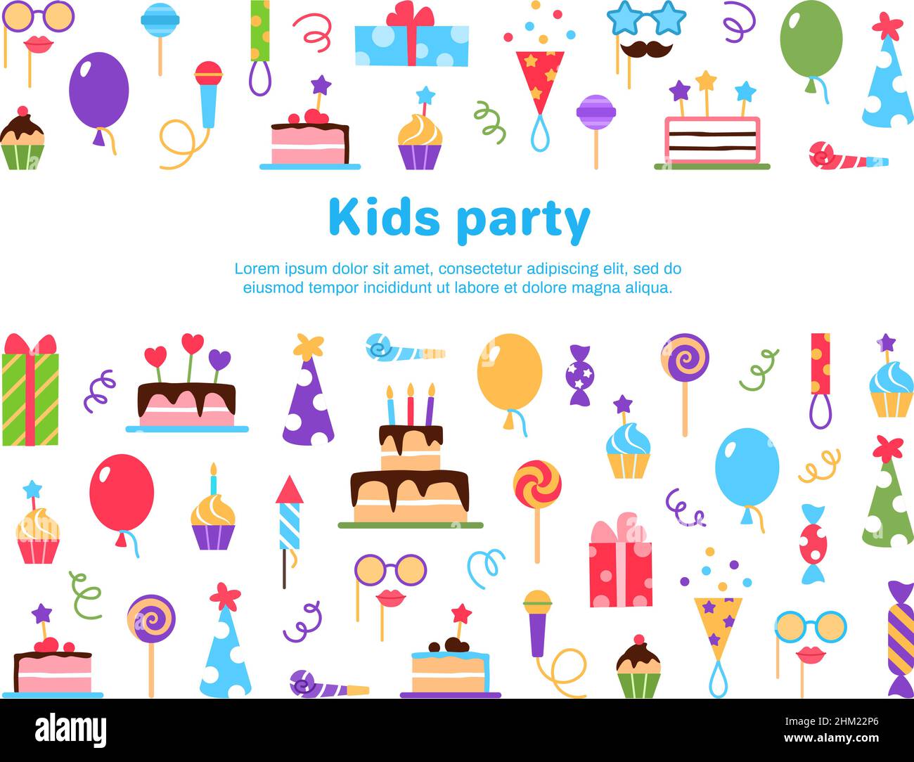 Colorful kids party background with text space. Birthday festival anniversary banner invitation design. Beautiful card with cake balloon cupcake prese Stock Vector