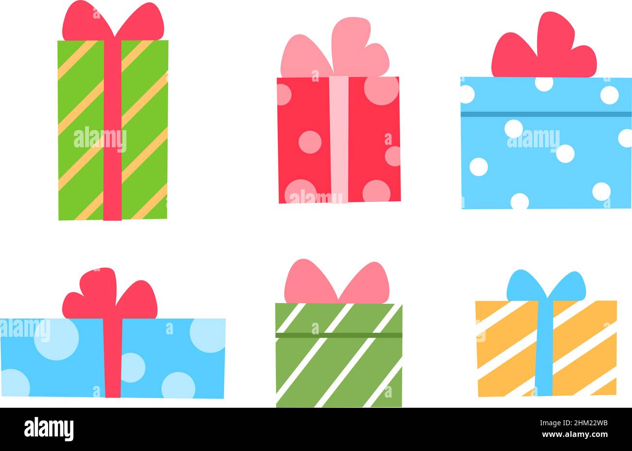 Gift box flat icons set on white background. Colorful present with ribbon and bow. Celebration festive holiday birthday party element design. Modern m Stock Vector