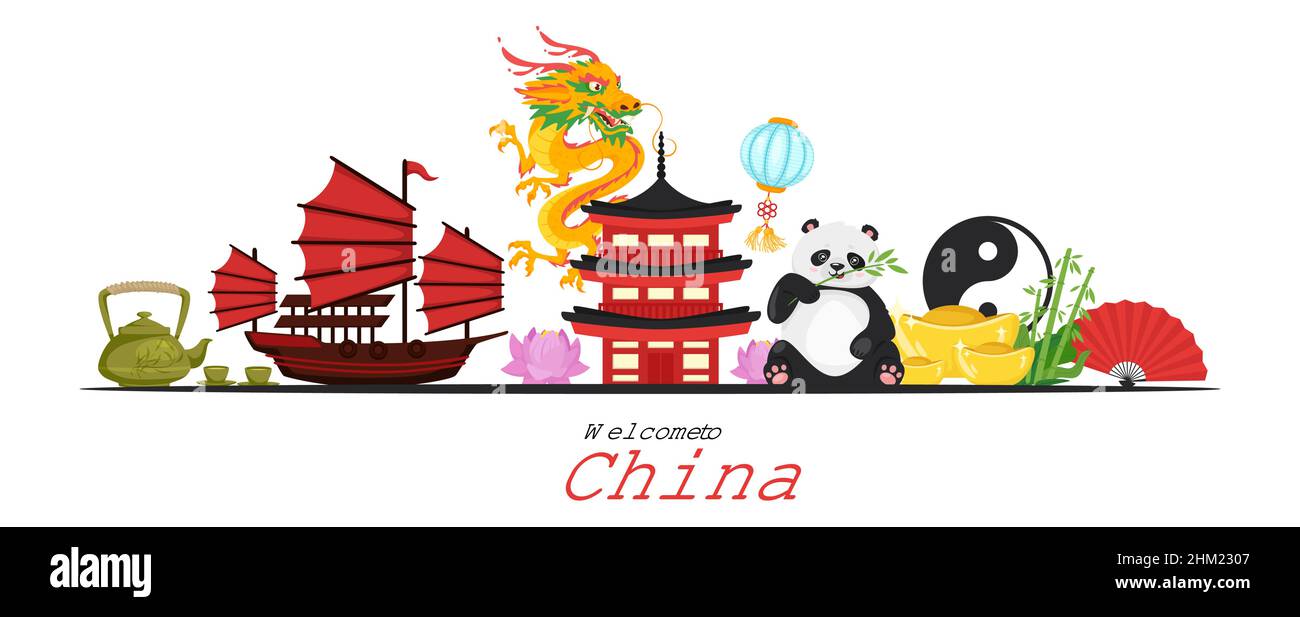 Vector illustration of a China banner with symbols Stock Vector