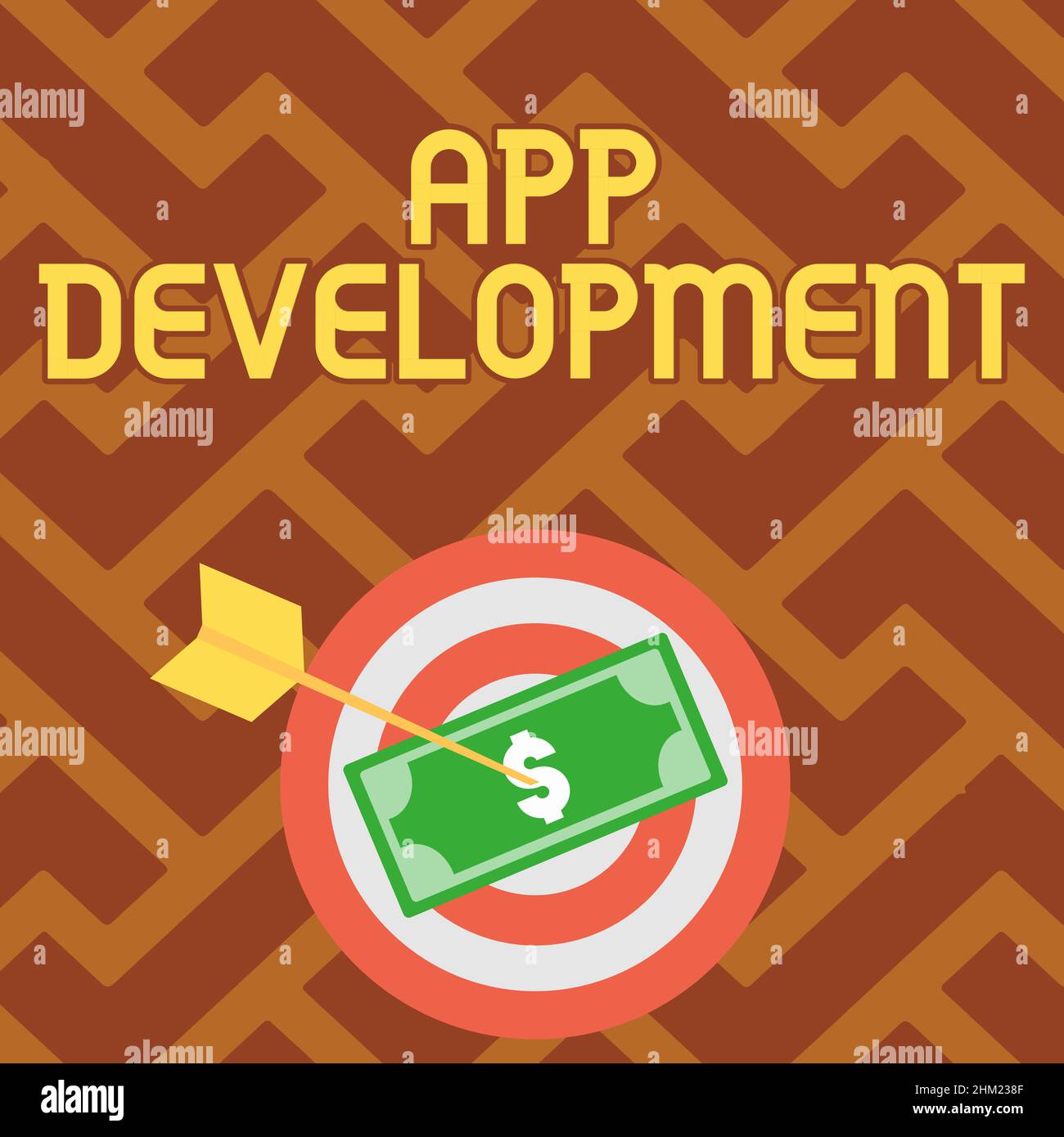 Handwriting text App Development. Internet Concept Development services for awesome mobile and web experiences Currency Pinned Through Target By Arrow Stock Photo