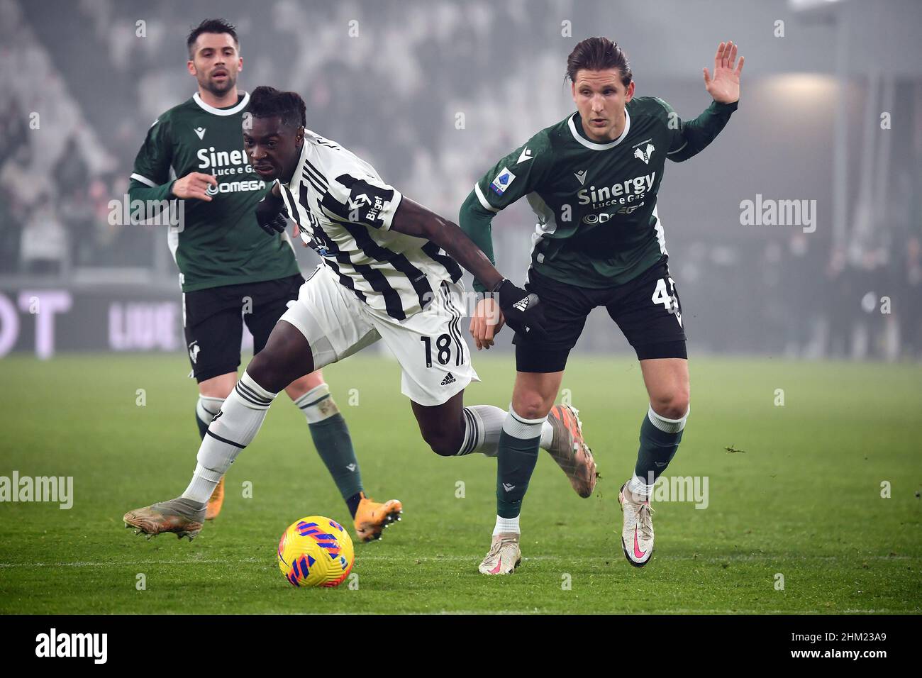 Torino, Italy. 06th Feb, 2022. Moise Kean of Juventus FC and Panagiotis Retsos of Hellas Verona compete for the ball during the Serie A 2021/2022 football match between Juventus FC and Hellas Verona at Juventus stadium in Torino (Italy), February 6th, 2022. Photo Federico Tardito/Insidefoto Credit: insidefoto srl/Alamy Live News Stock Photo