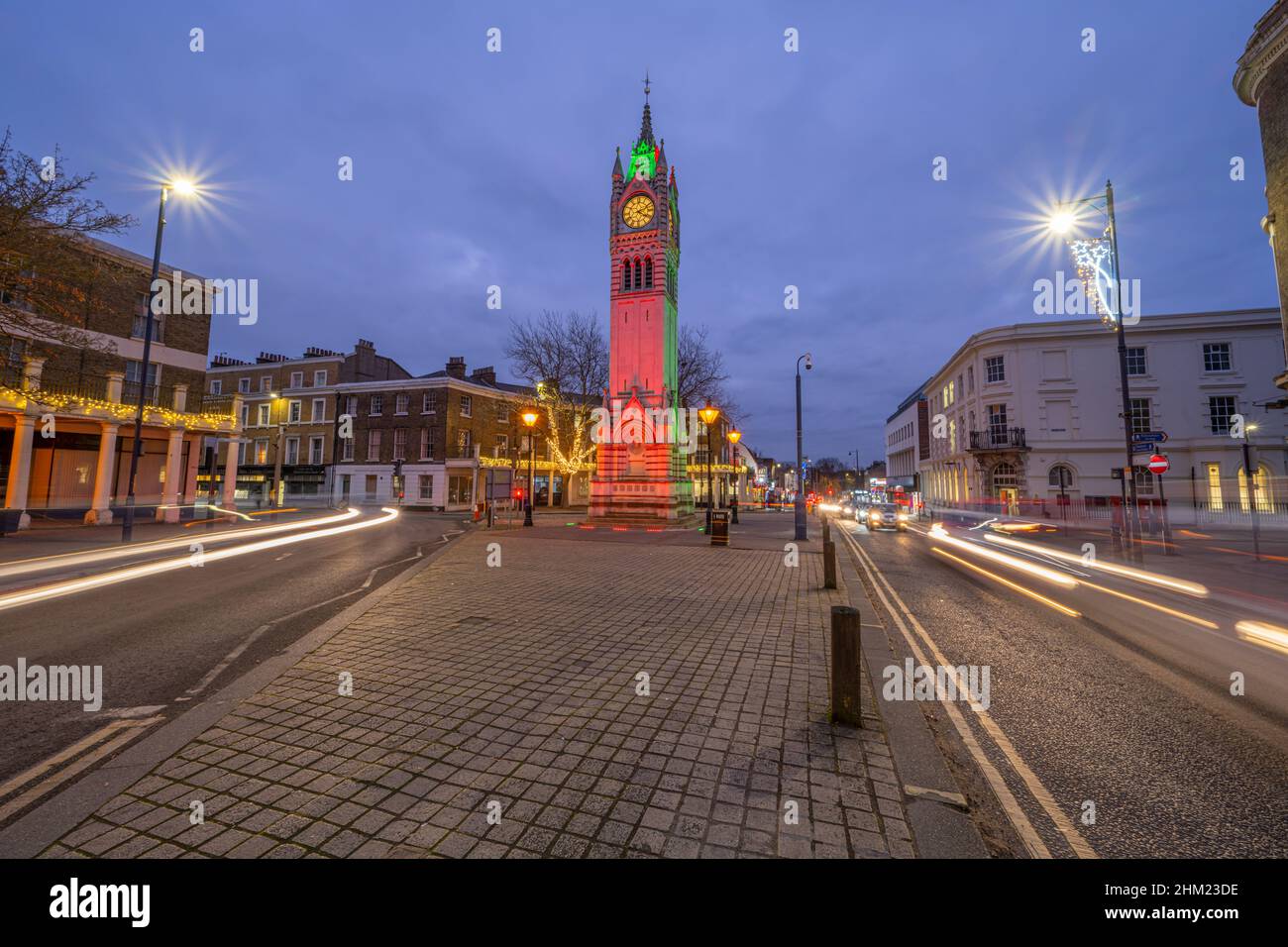 Gravesend Clock tower on Milton road at night with Christmas lights