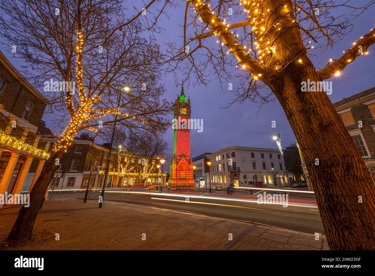 Gravesend Clock tower on Milton road at night with Christmas lights