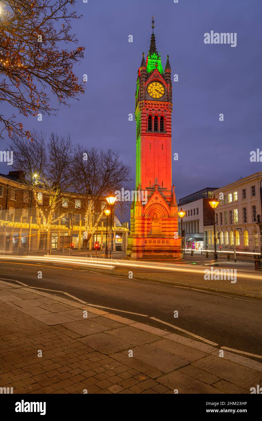 Gravesend Clock tower on Milton road at night with Christmas lights