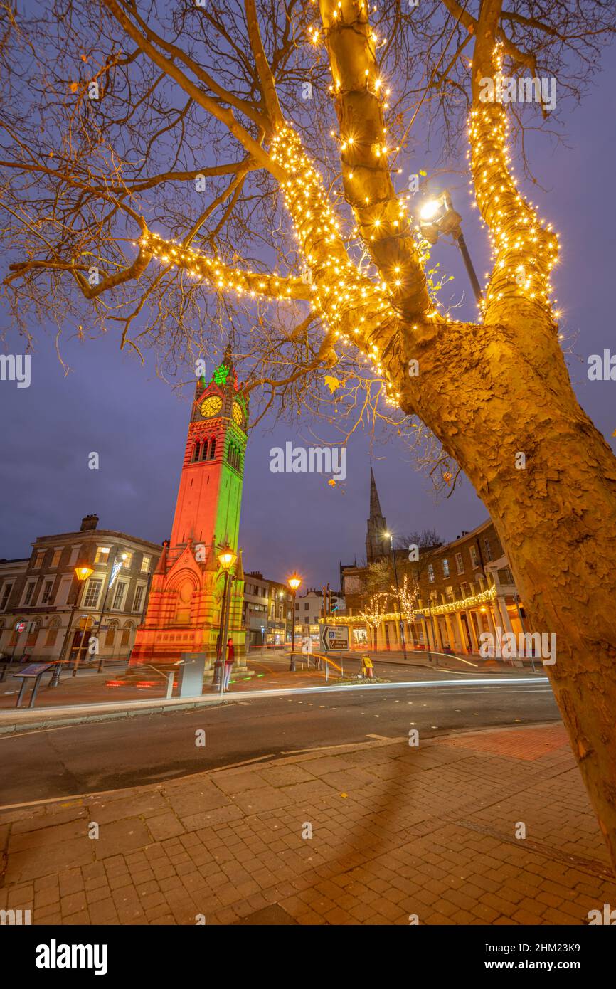 Gravesend Clock tower on Milton road at night with Christmas lights