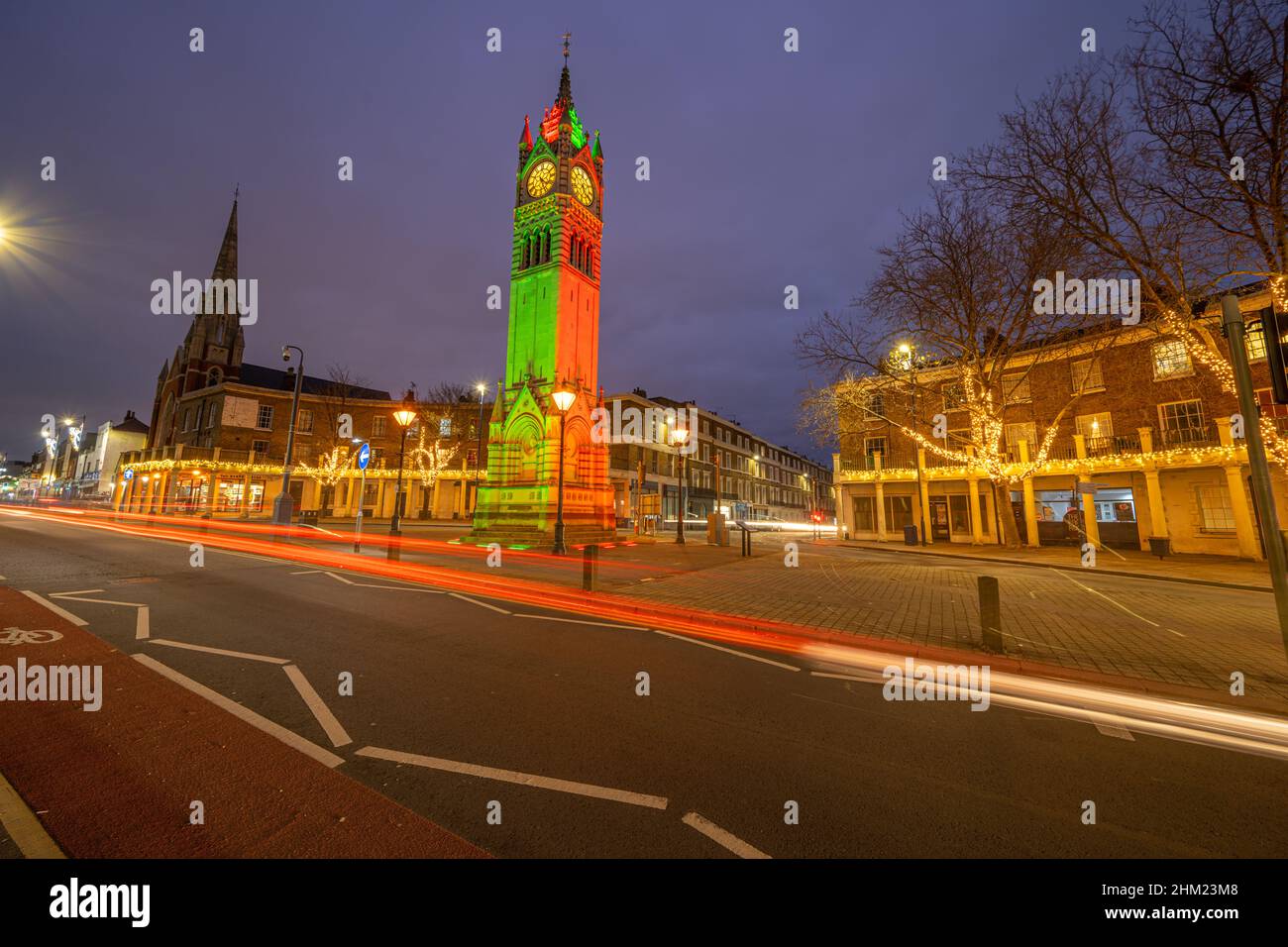 Gravesend Clock tower on Milton road at night with Christmas lights