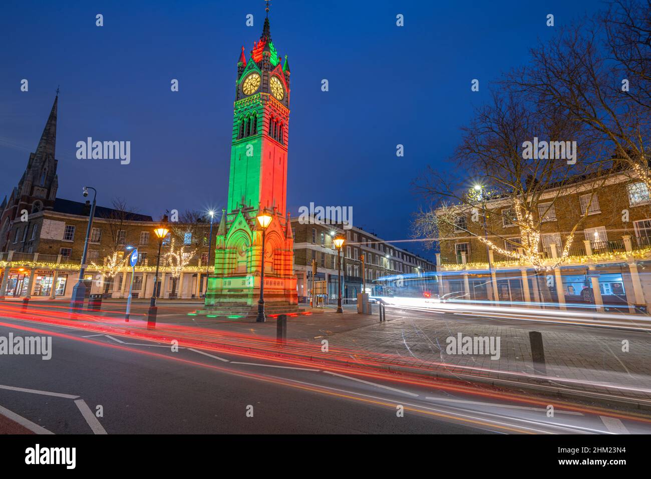 Gravesend Clock tower on Milton road at night with Christmas lights
