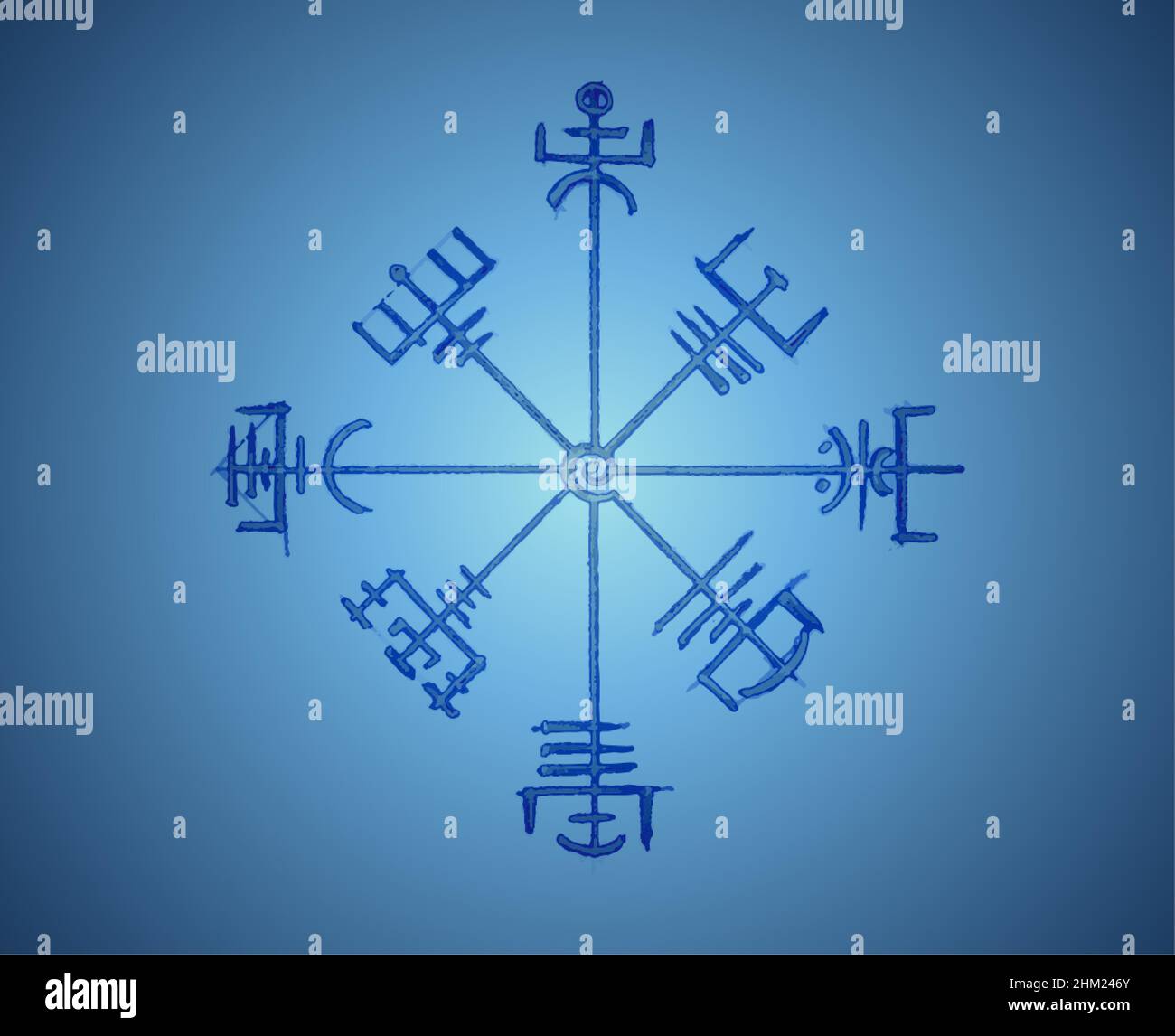 Vegvisir runic compass pencil drawing style, Hand drawing of Viking symbols, Sacred Norse logo vector illustration isolated on blue background Stock Vector