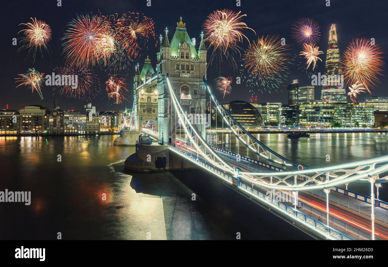 New Year fireworks in London at the Tower bridge with firework, UK Stock Photo