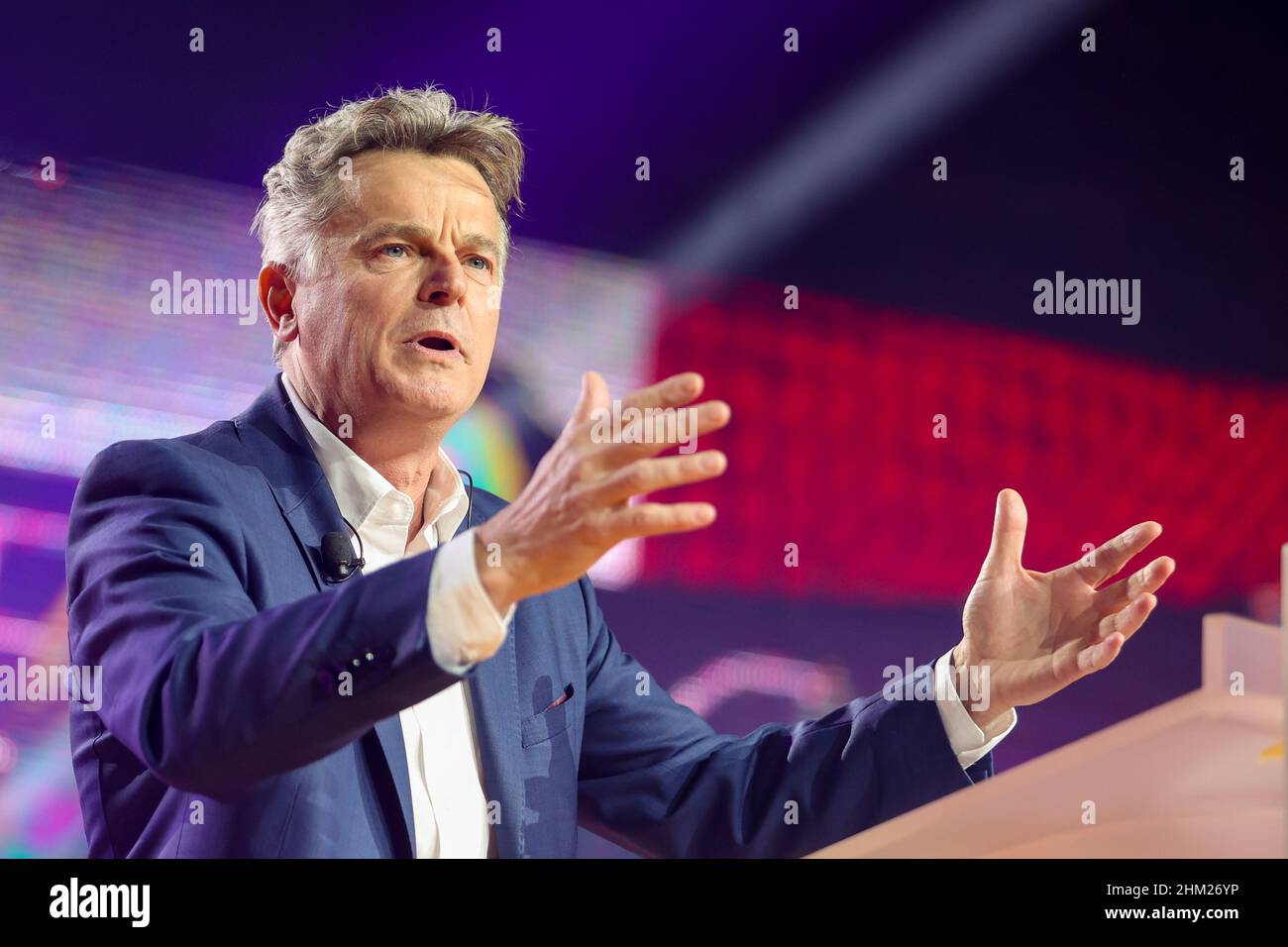 Marseille, France. 06th Feb, 2022. Fabien Roussel, communist candidate for the French presidential election, delivers a speech during his first campaign rally. Credit: SOPA Images Limited/Alamy Live News Stock Photo