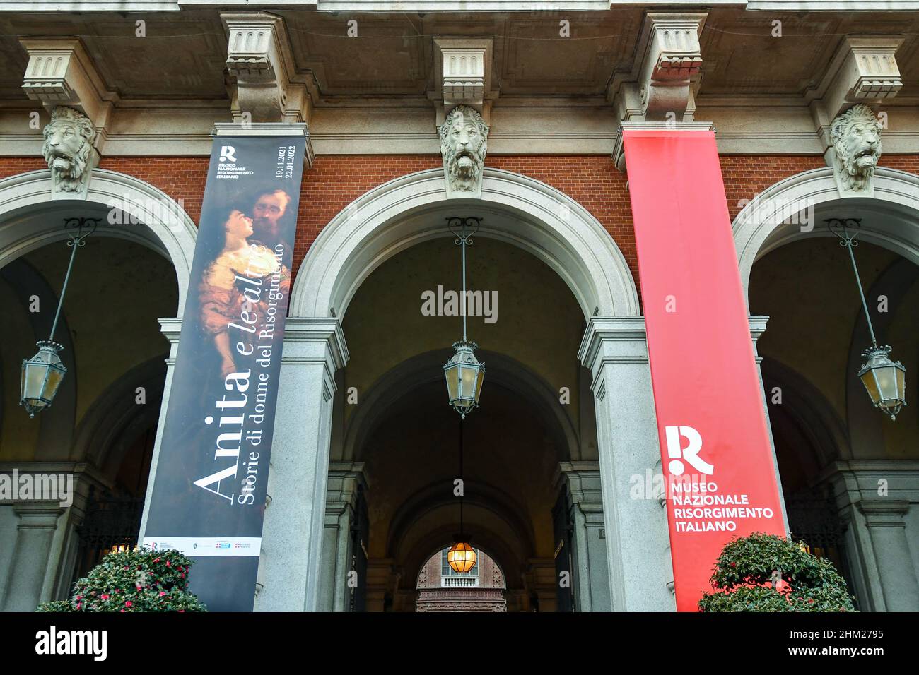 Palazzo Carignano with the promotional banner of the exhibition 'Anita and the others' dedicated to the women of the Italian Risorgimento, Turin Stock Photo