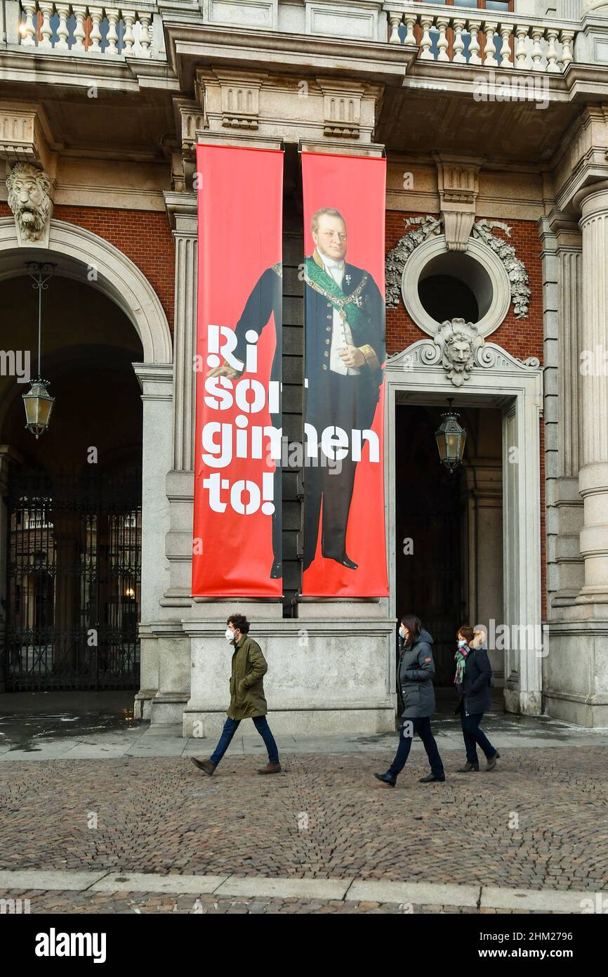 Promotional banner with the image of the Count of Cavour on the façade of Palazzo Carignano, seat of the Museum of the Italian Risorgimento, Turin Stock Photo