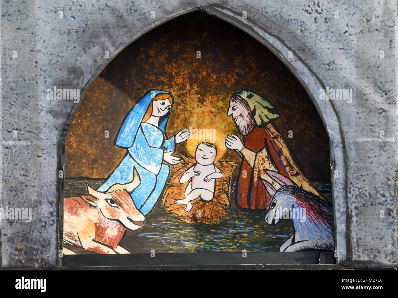 Detail of the nativity scene of the Advent Calendar by Emanuele Luzzati in Piazza Vittorio Veneto during the Christmas Holidays, Turin, Piedmont Stock Photo