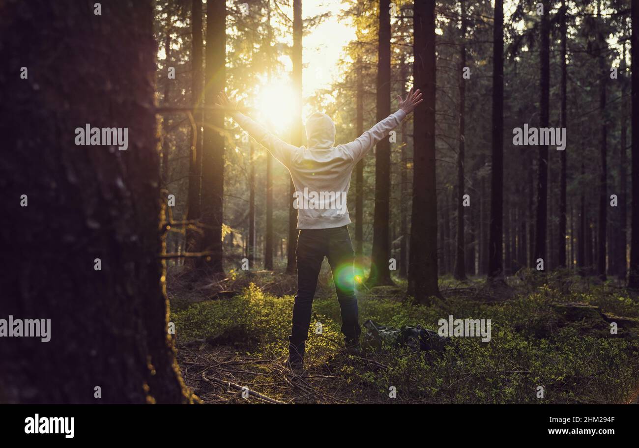 Man praying at sunset in the deep woods raised hands Stock Photo