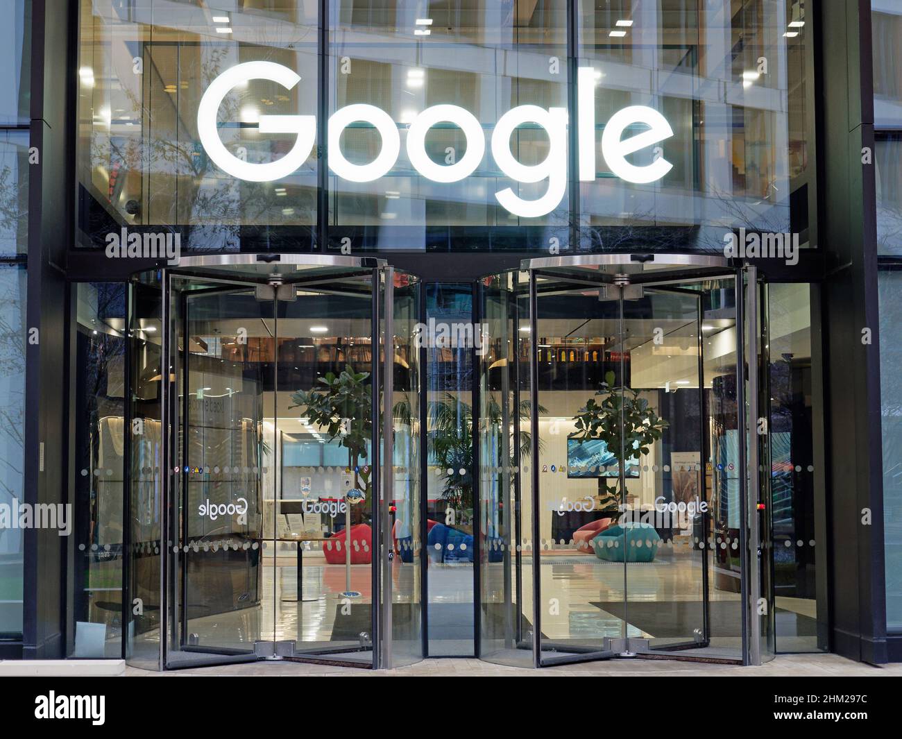 Front view of the entrance to the Google London headquarters building in Pancras Sq near King's Cross Station Stock Photo