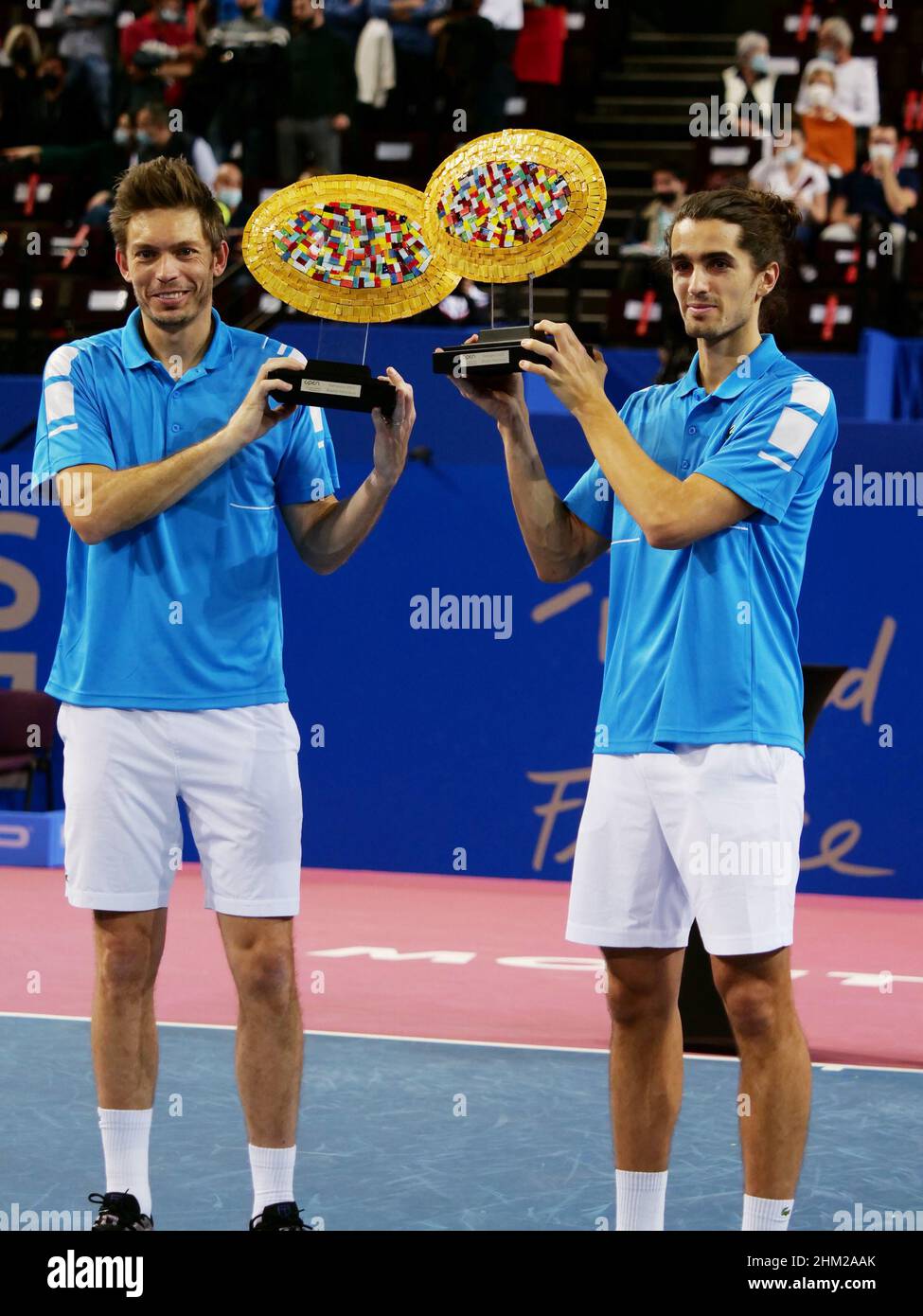 os selv pyramide kedel Nicolas Mahut and Pierre-Hughes Herbert of France celebrate with the  winners trophies after winning the Double final of the Open Sud de Fance  2022, ATP 250 tennis tournament on February 6, 2022