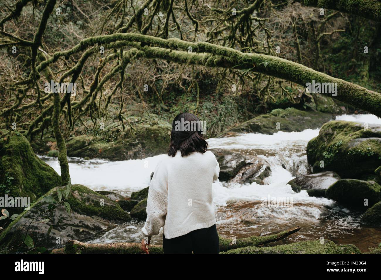 Woman with her back to the camera looking at a wild river in the middle ...