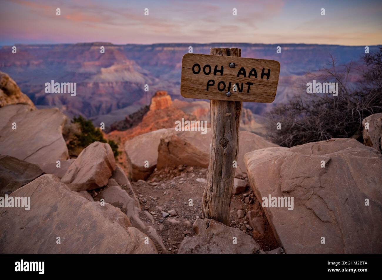 OOH AAH Point Sign In The Grand Canyon At Sun Rise along the South Kaibab Trail Stock Photo