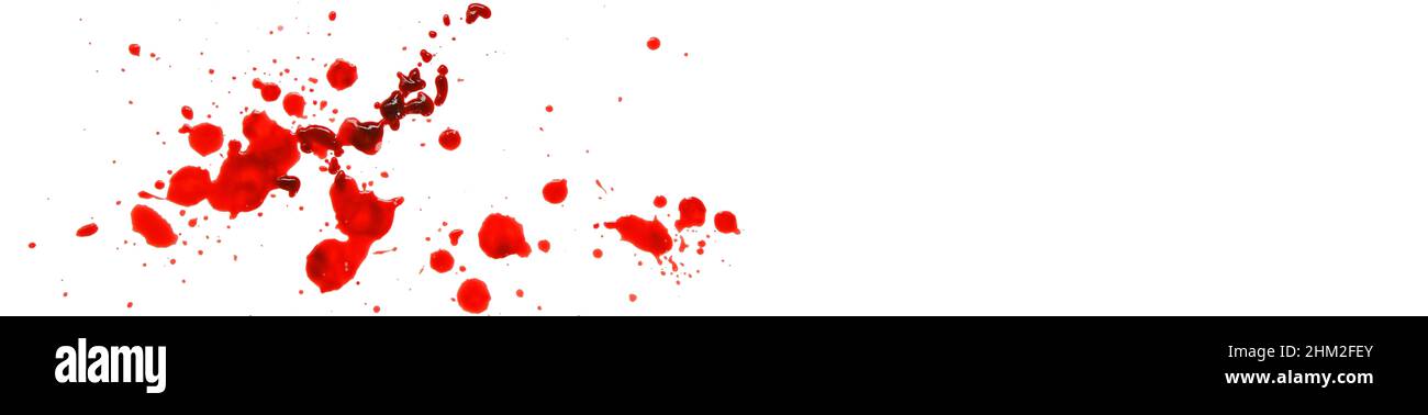 Spots of blood. Red blood splatter and drops isolated On white background. Murder and crime  Stock Photo
