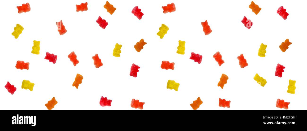 Jelly bears candy isolated on a white background. Jelly multi-colored bears assorted on a white background.Sweet pattern . Sweets and desserts. Stock Photo