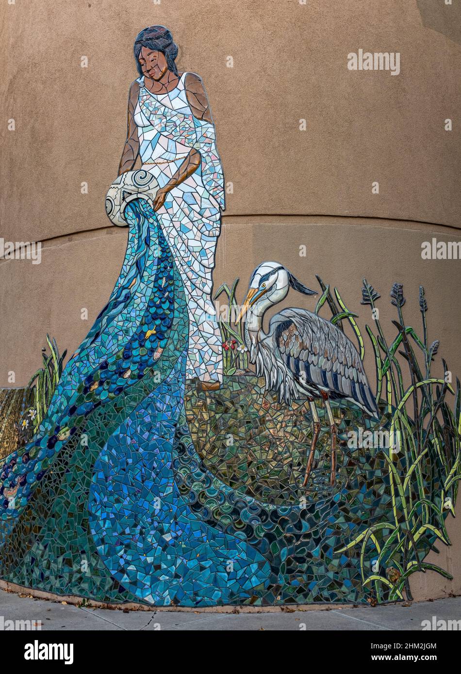 mosaic tile work (detail) on the Albuquerque Convention Center by Cassandra Reid as lead artist: 'Giver of Water, Essence of Life' 2015 Stock Photo