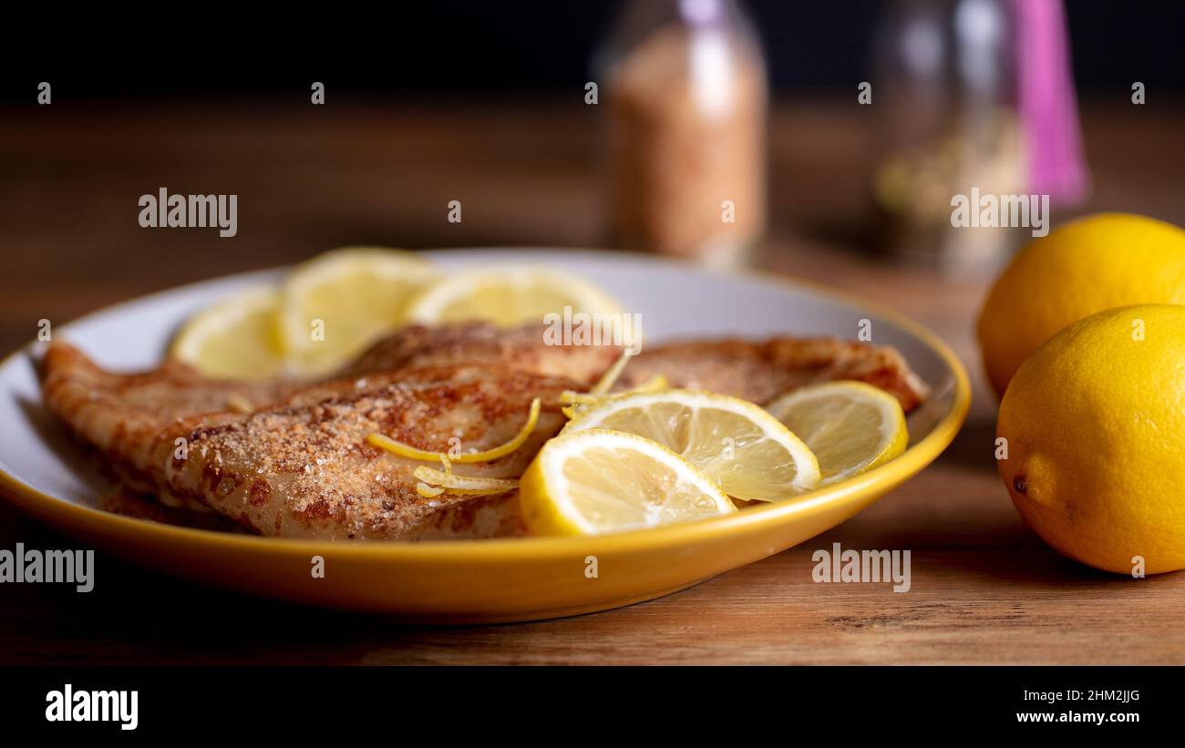 Pancakes with lemon and sugar, a traditional Shrove Tuesday dish Stock Photo