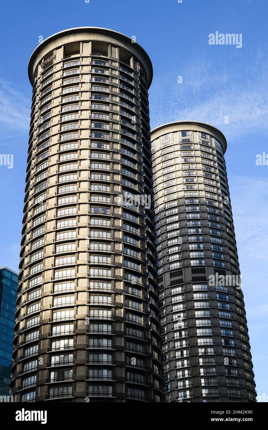 Seattle - February 06, 2022; Twin towers of the Westin Hotel in downtown Seattle under a blue sky Stock Photo