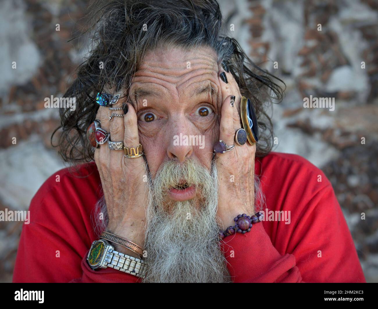 Elderly Caucasian man covers his ears with his beringed hands and expresses the hear-no-evil gesture pose of the famous Three Wise Monkeys. Stock Photo