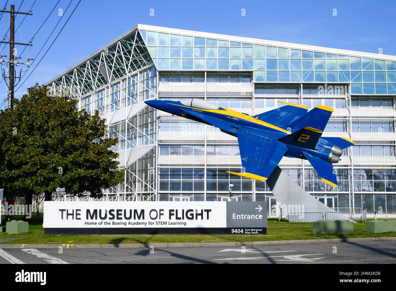 Tukwila - February 06, 2022; An F/A 18 Hornet on display at the entrance to The Museum of Flight in Tukwila south of downtown Seattle Stock Photo