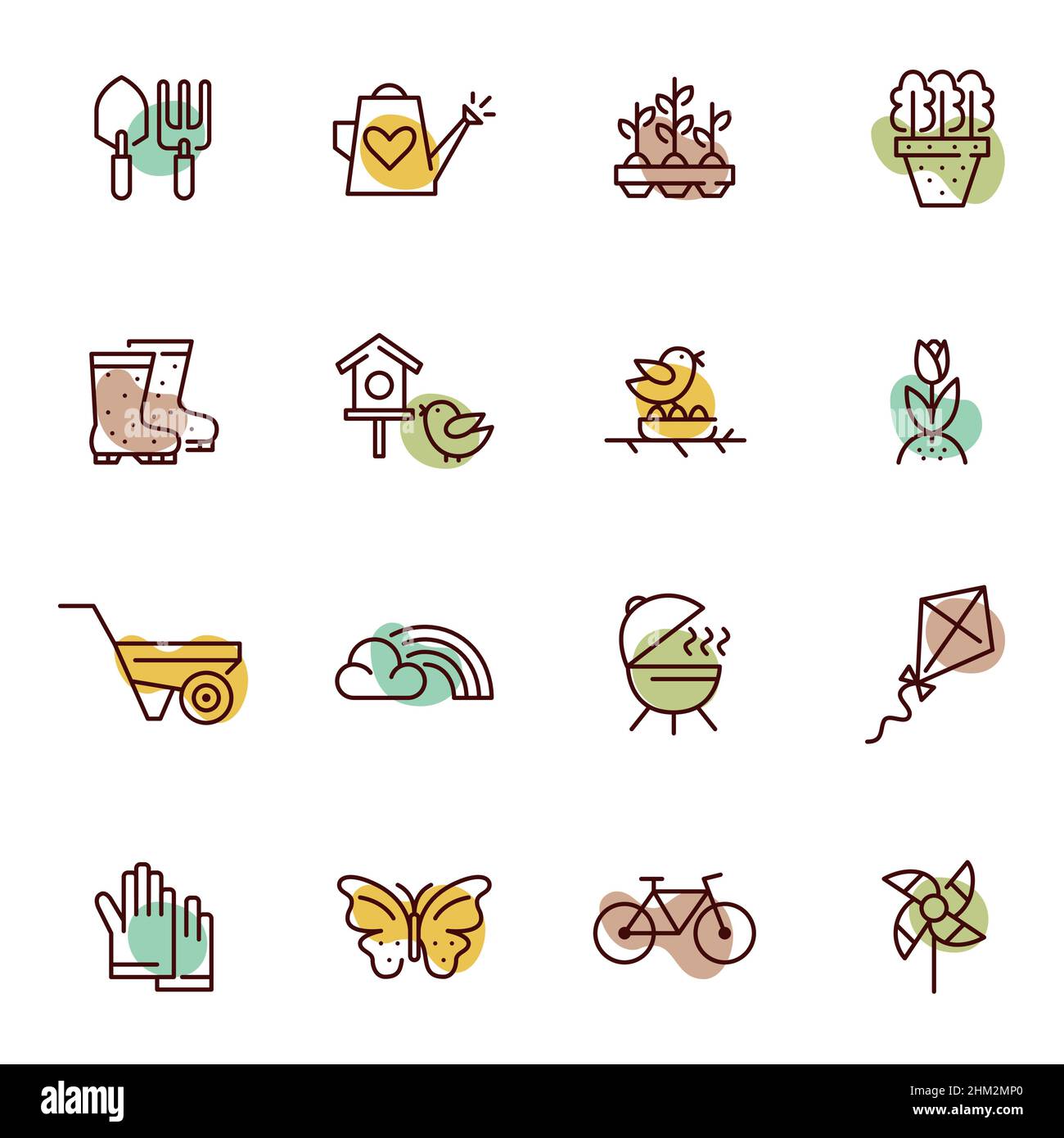 Spring activities and gardening pastel color icons set. Such as ...