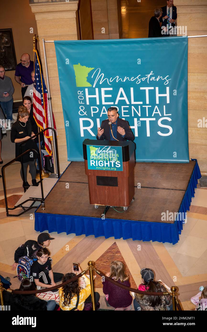 St. Paul, Minnesota. February 3, 2022. Annual health, freedom and parental rights rally at the state capitol. . Families let legislators know how ser Stock Photo