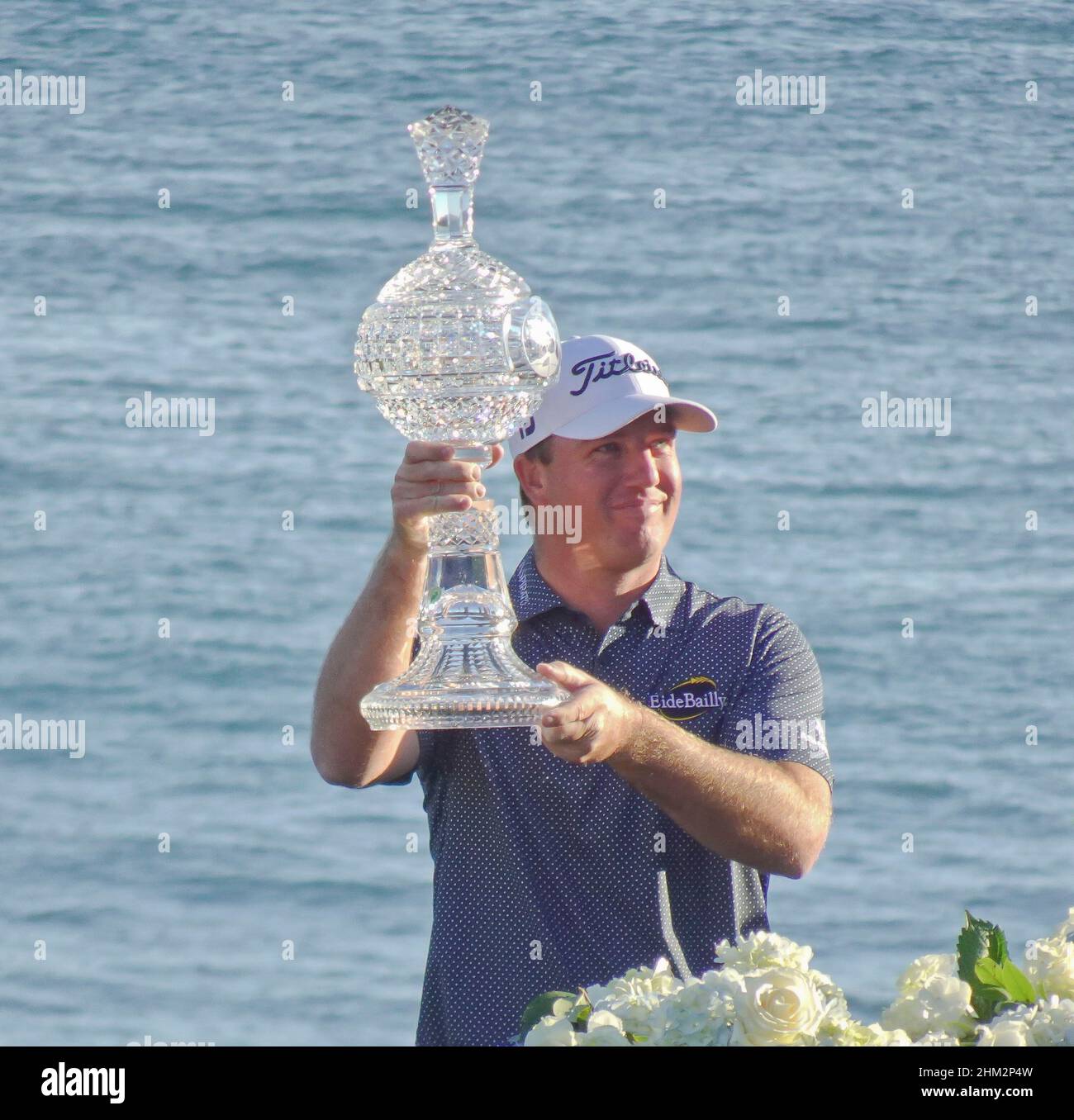Pebble Beach, USA. 06th Feb, 2022. Winner Tom Hoge shows off his trophy
