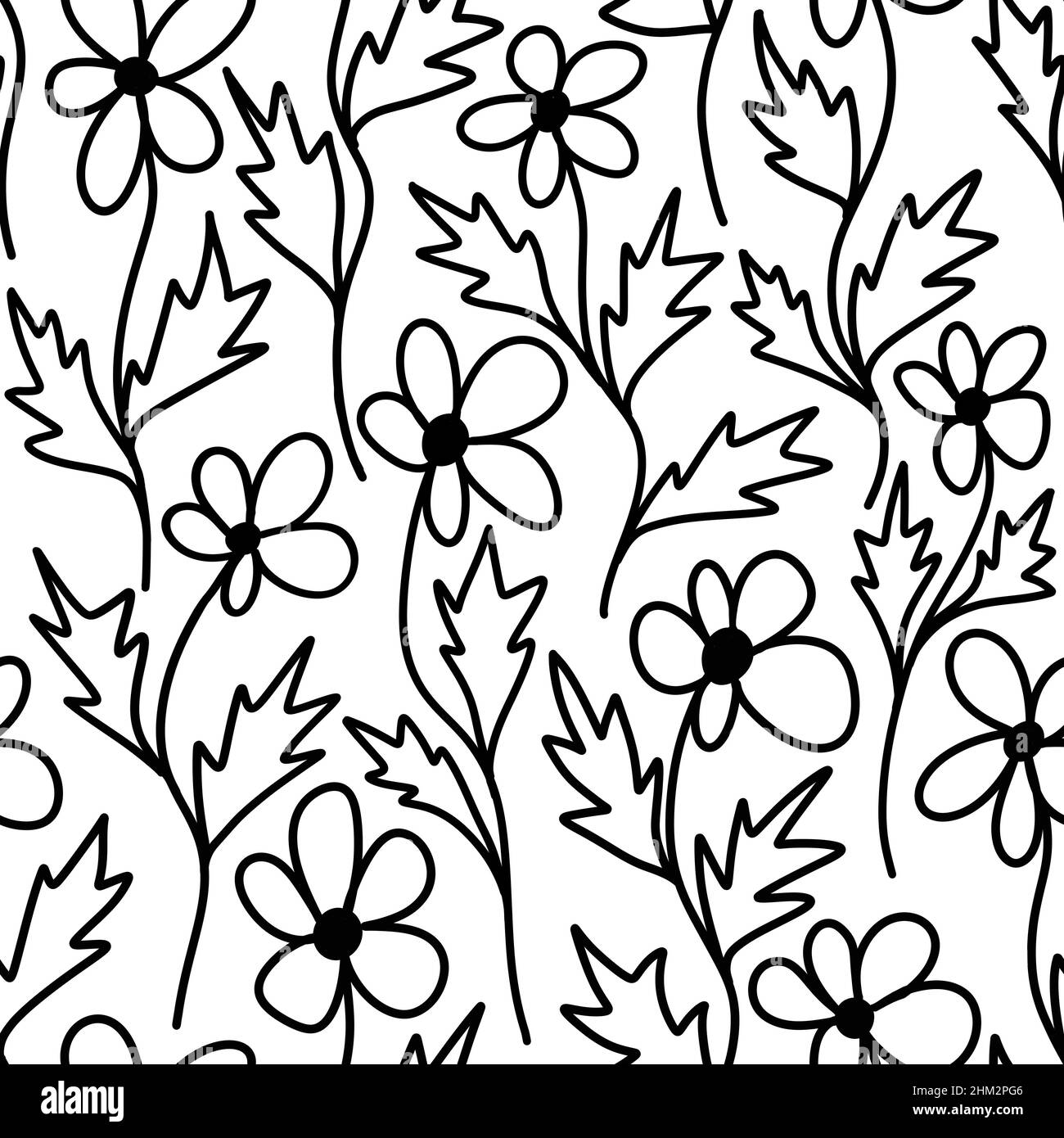 Seamless hand drawn pattern with black and white flowers floral botanical elements, leaves leaf branch blossom. Minimalist monochrome daisy rose peony plants on white background, for textile wallpaper wrapping paper decor Stock Photo