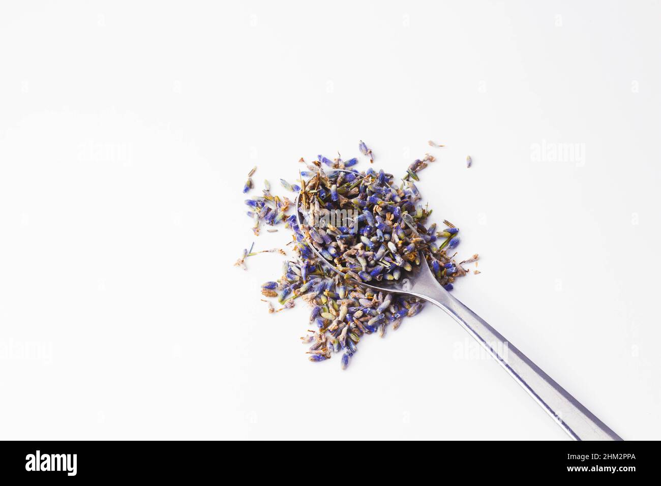Dry lavender flowers. Tea from lavender flowers. Healing herbs of mountain lavender. On white
