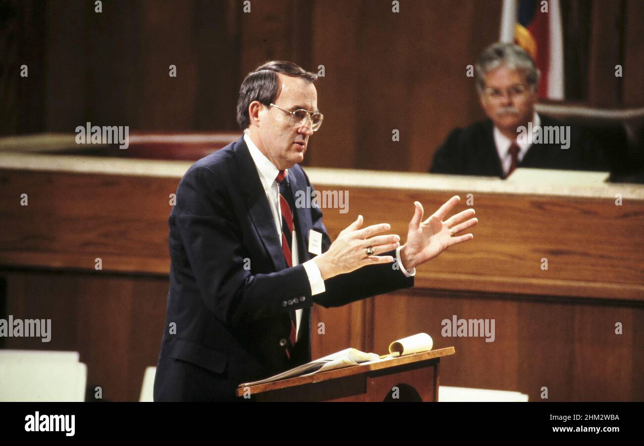 Austin Texas USA: Attorney argues his case during a moot court mock trial put on as learning session for University of Texas law school students. ©Bob Daemmrich Stock Photo