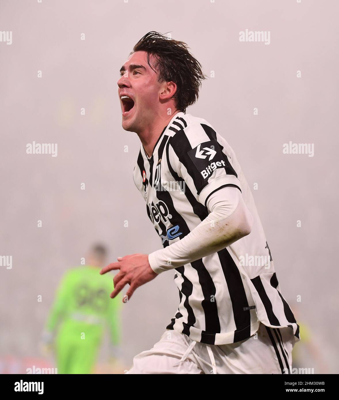 Turin, Italy. 6th Feb, 2022. Juventus' Dusan Vlahovic celebrates his goal  during a Serie A football match between FC Juventus and Hellas Verona in  Turin, Italy, on Feb. 6, 2022. Credit: Federico