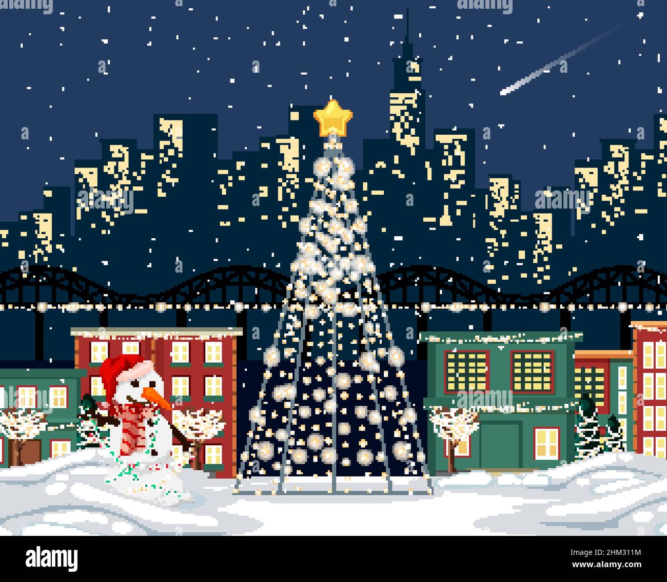 Decorated christmas tree in the town at night scene illustration Stock ...