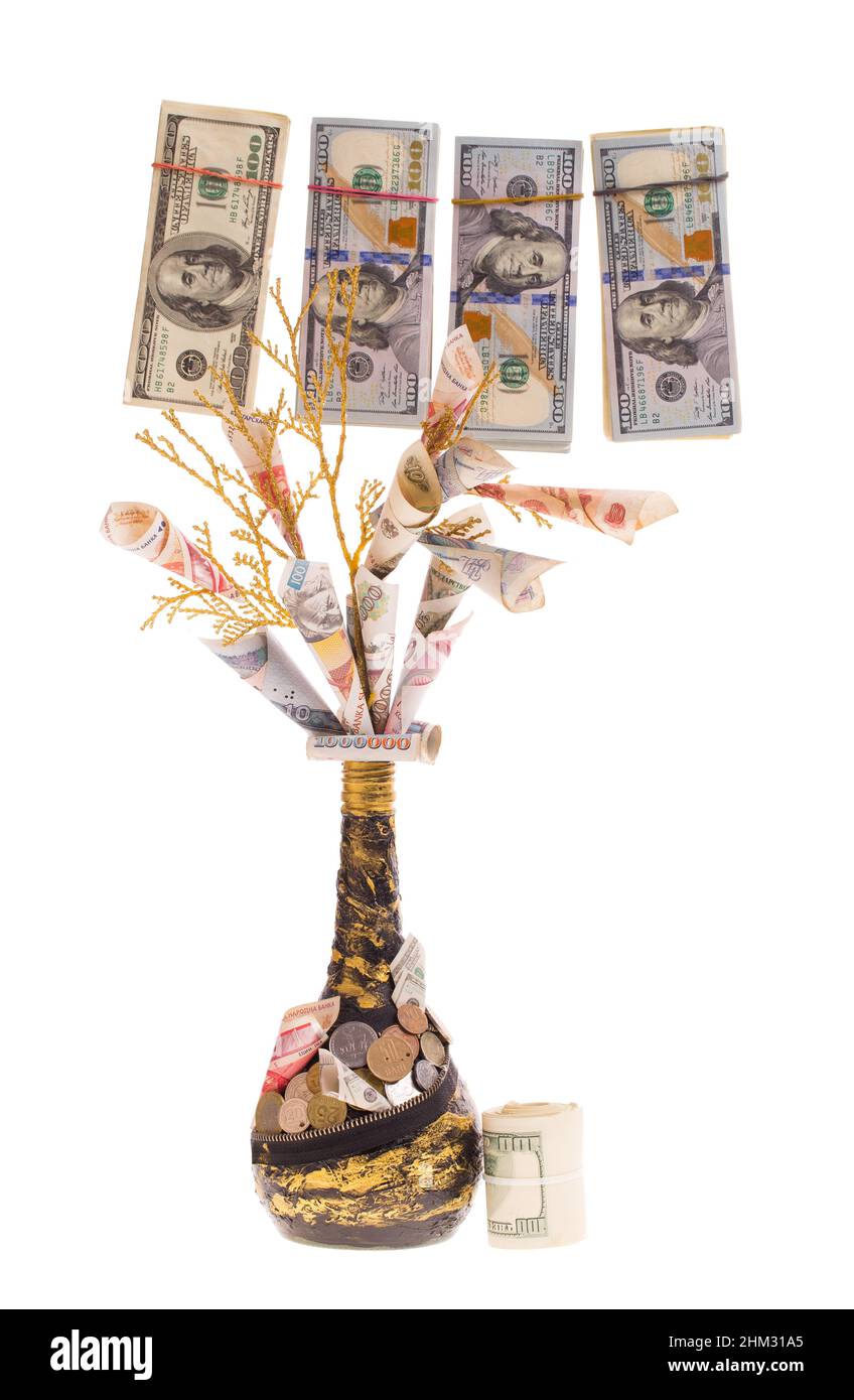 Currency bills on a handmade money tree isolated on white background ...
