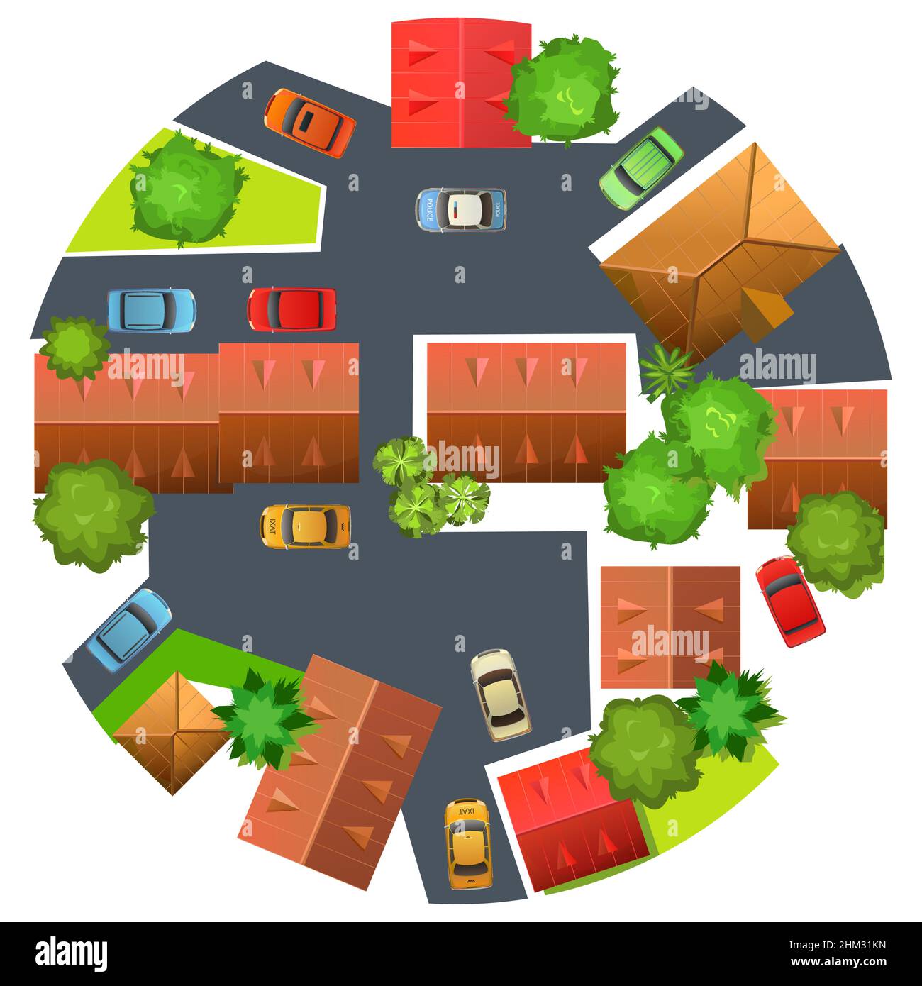Roads and squares of city. Fragment of small town. Dark asphalt. Top View from above. Cartoon cute style illustration. Isolated on white background. M Stock Vector
