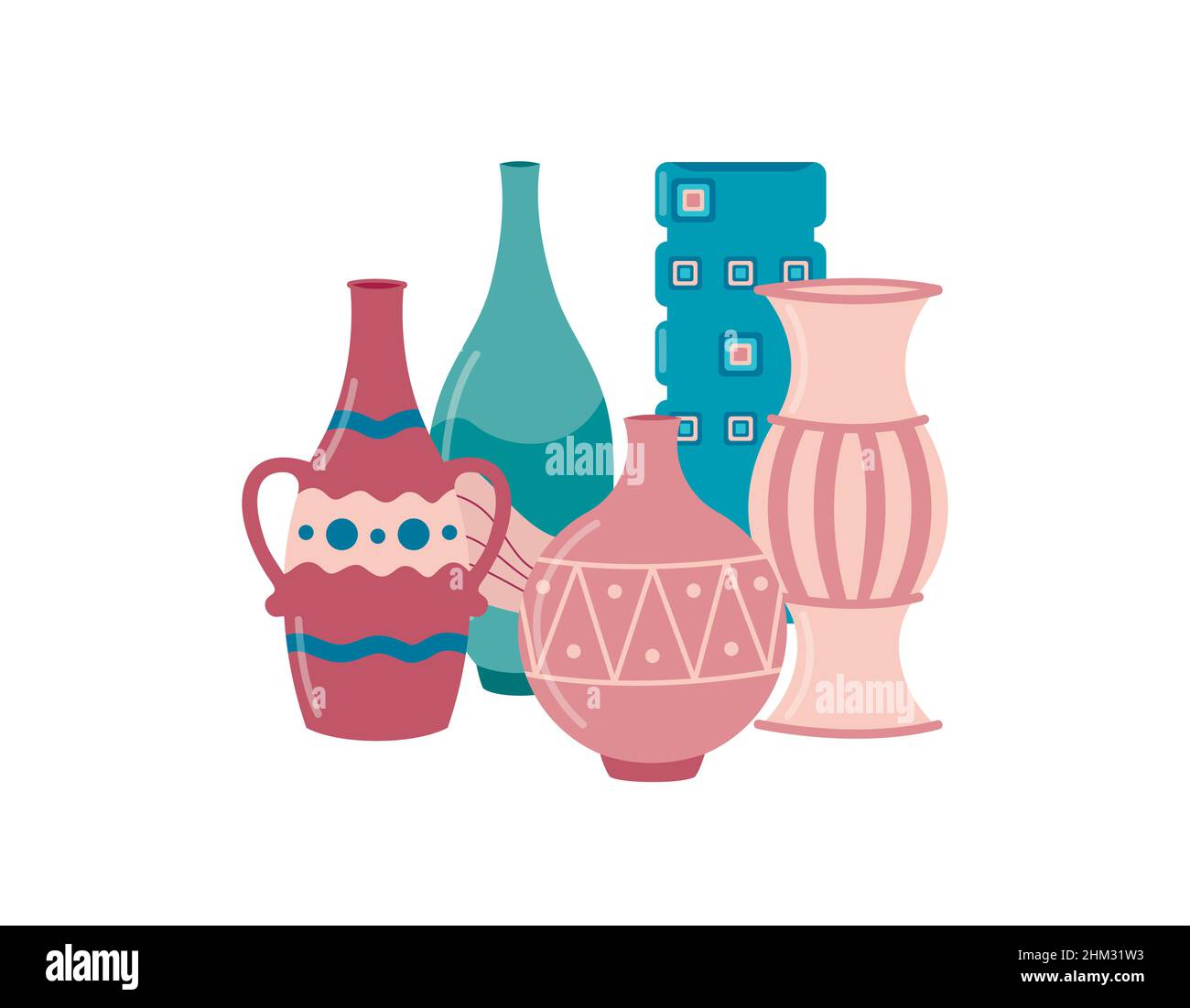 Pottery composition. Vases and jugs isolated on white background. Empty