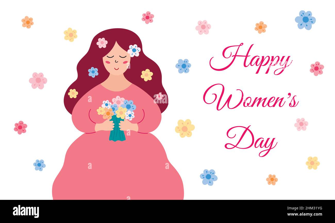 Happy Womens Day greeting card. Cute beautiful girl with long hair ...