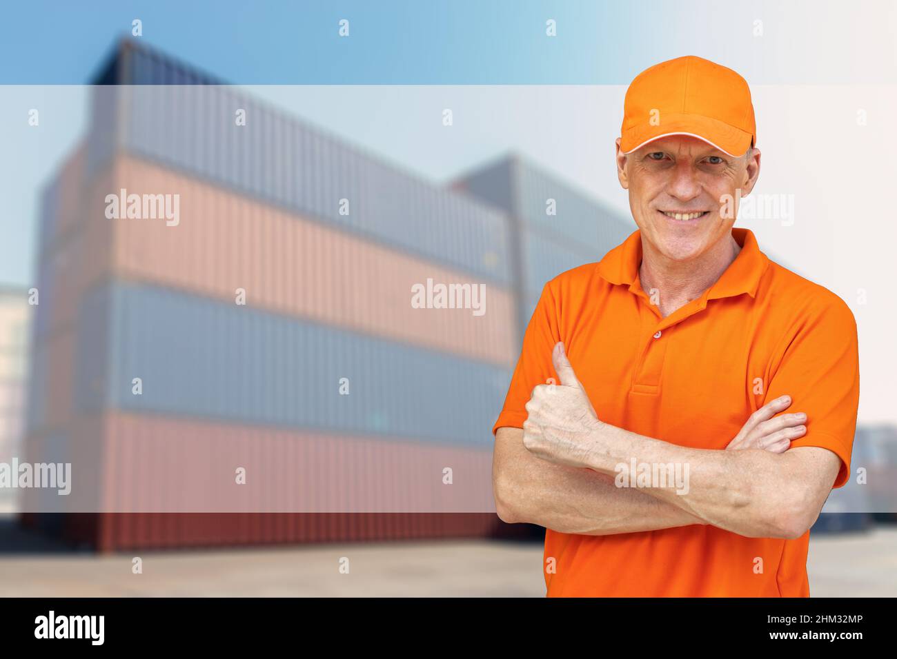 Cargo shipping logistic worker with container background space for