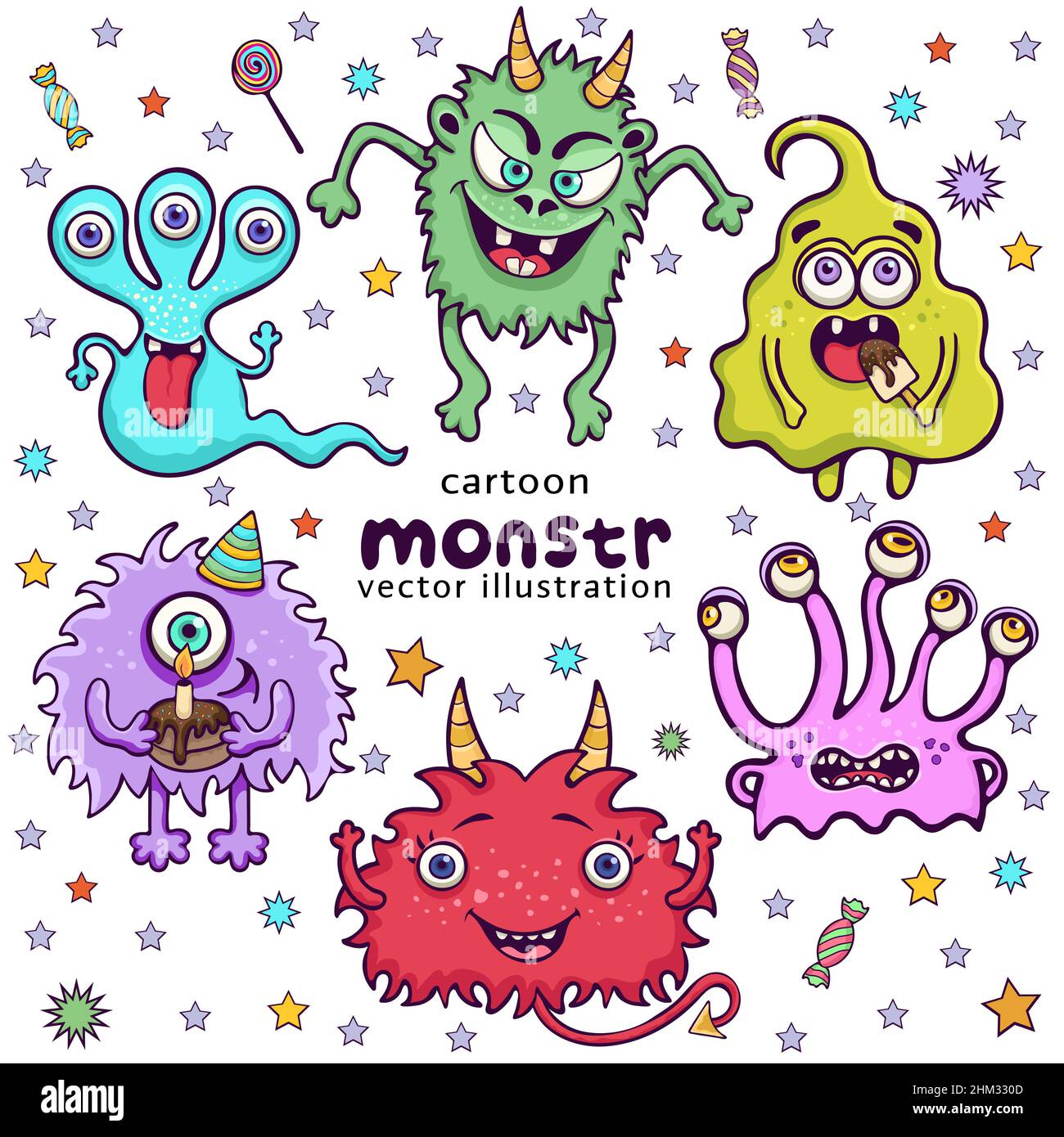 Set of cute monsters funny cartoon character, hand drawing. Collection multicolored scary hilarious fairy tale hero isolated on white background with Stock Vector